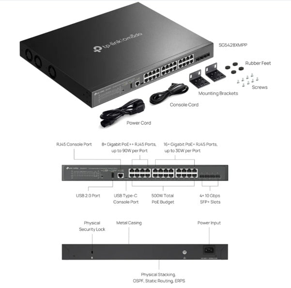 TP LINK L3 Managed Switch SG5428XMPP PoE++ Switch with 4 10G Slots